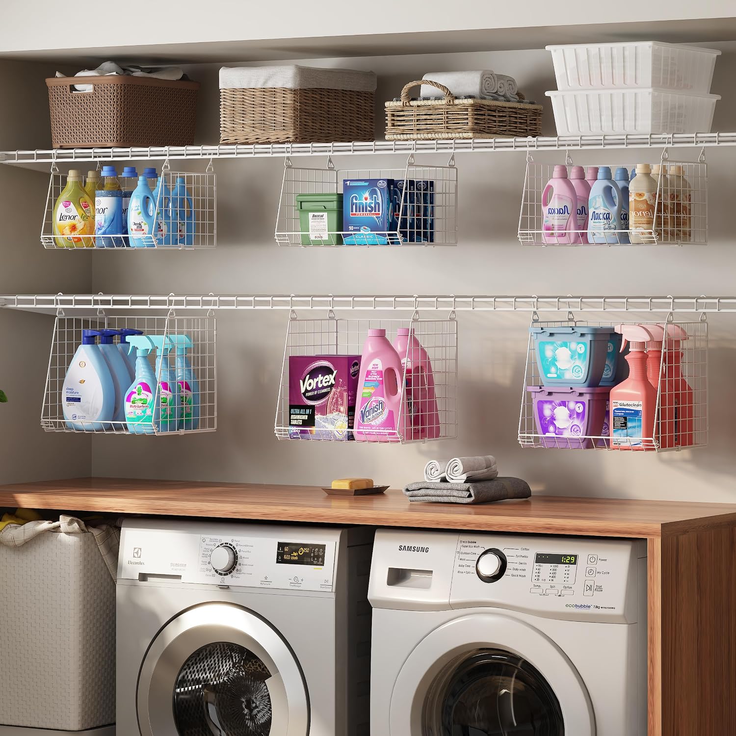 4-Tier Hanging Laundry Room Organizer: Foldable Wire Shelf Basket with 2 Large Hooks 1.65" & 360°Rotating Hooks –