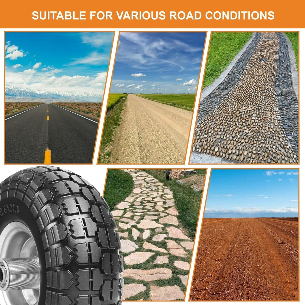 4.10/3.50-4 Tire and Dolly Wheel Flat Free - Solid Rubber Hand Truck Wheels 5/8" Axle - Gorilla Cart Tires