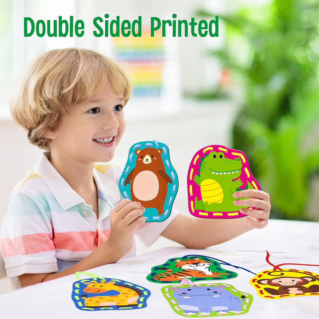 9 Pieces Kids Lacing Cards, Double Sided Sewing Cards in 9 Wild Animals with 9 Colorful Laces, Imagination