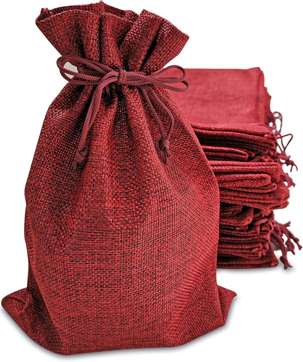 50 Red Burlap Gift Bags With Drawstring, 7x10 Inch Pack