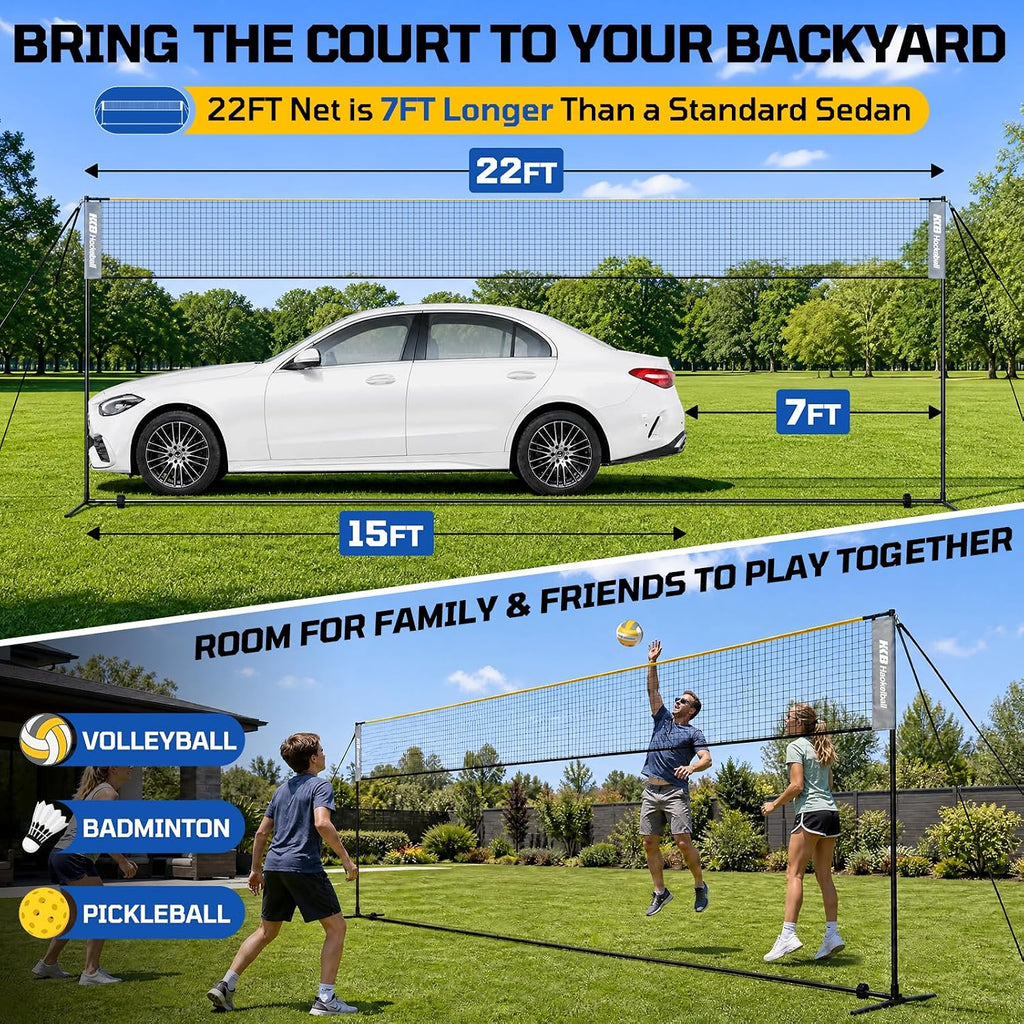 22FT Badminton Volleyball Pickleball Net, Adjustable Height | Backyard, Beach, Lawn, Outdoor, Indoor, Portable, Net