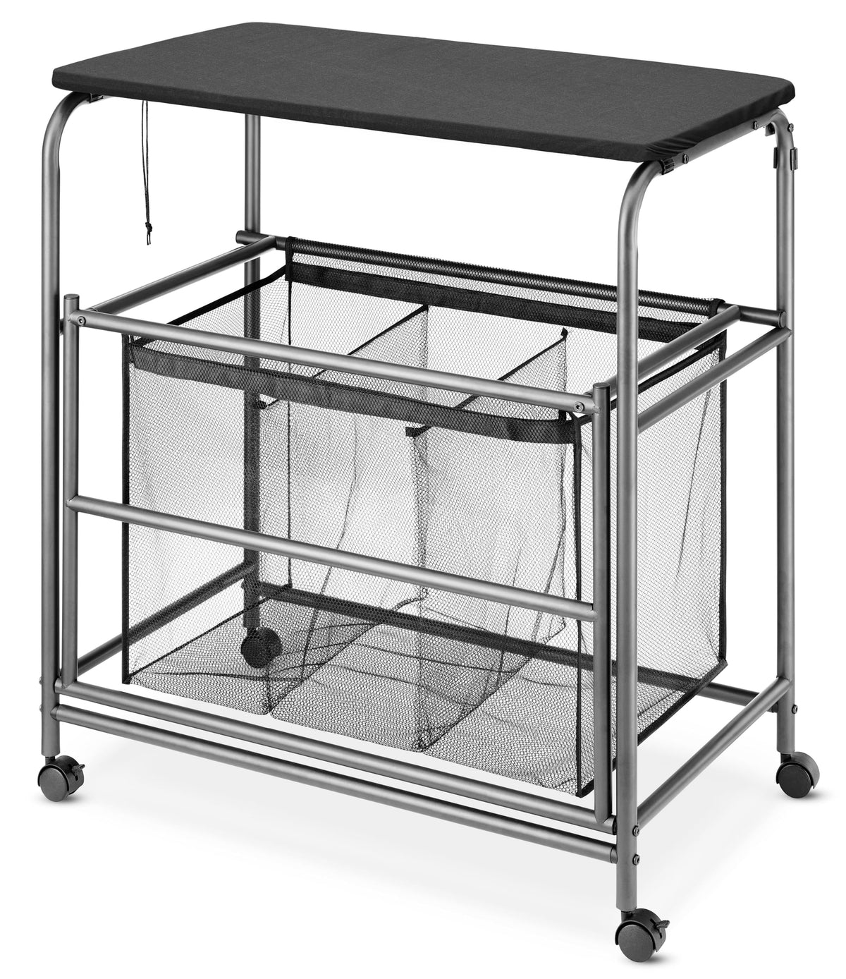 Triple Laundry Sorter with Ironing & Folding Table - Rolling Laundry Sorter with Ironing Table - Gunmetal