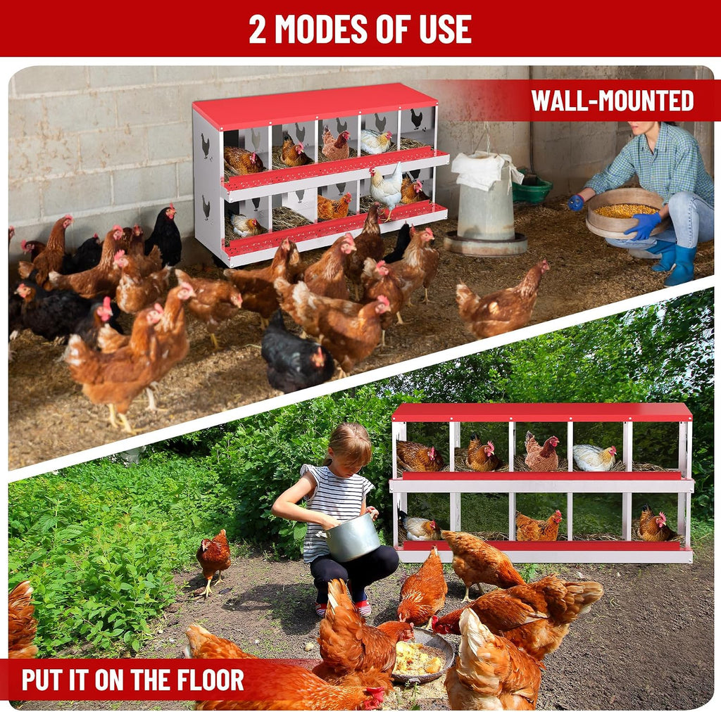 10 Compartment Chicken Nesting Box, Nesting Boxes for Chickens, Metal Chicken Laying Boxes with Perch, Secure Lid