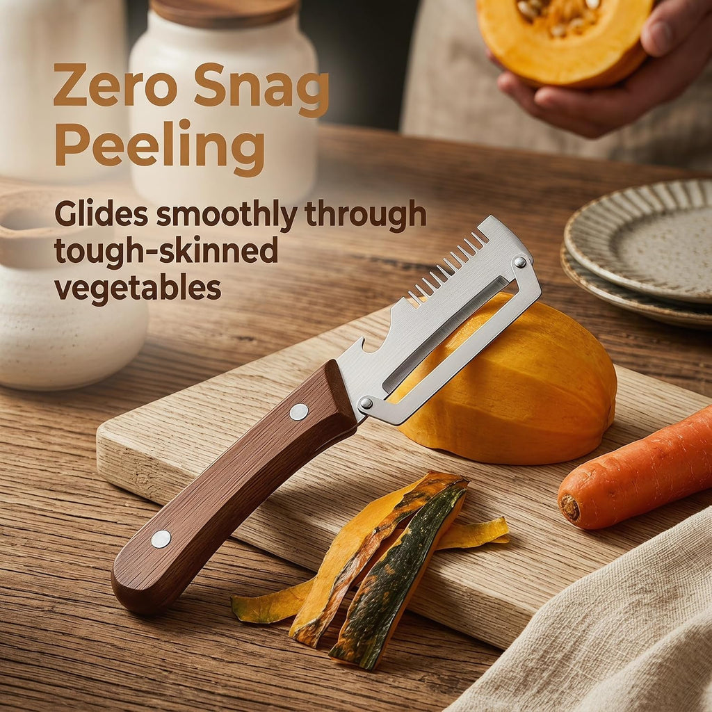 Multifunctional Vegetable Peeler, 3-In-1 Kitchen Gadget With Wooden Handle, Bottle Opener And Shredder, Suitable For