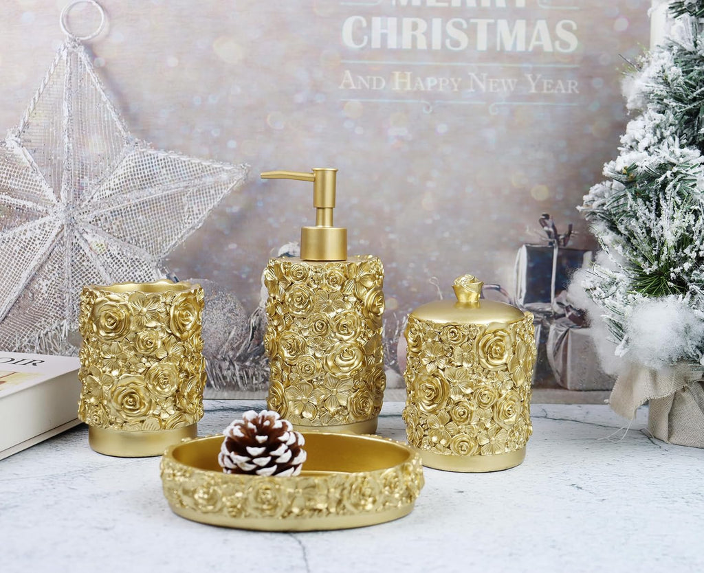 Gold Bathroom Accessories Set,Rose Design Bathroom Set,Farmhouse Bathroom Decor,4 Pcs Resin Gift Set Apartment