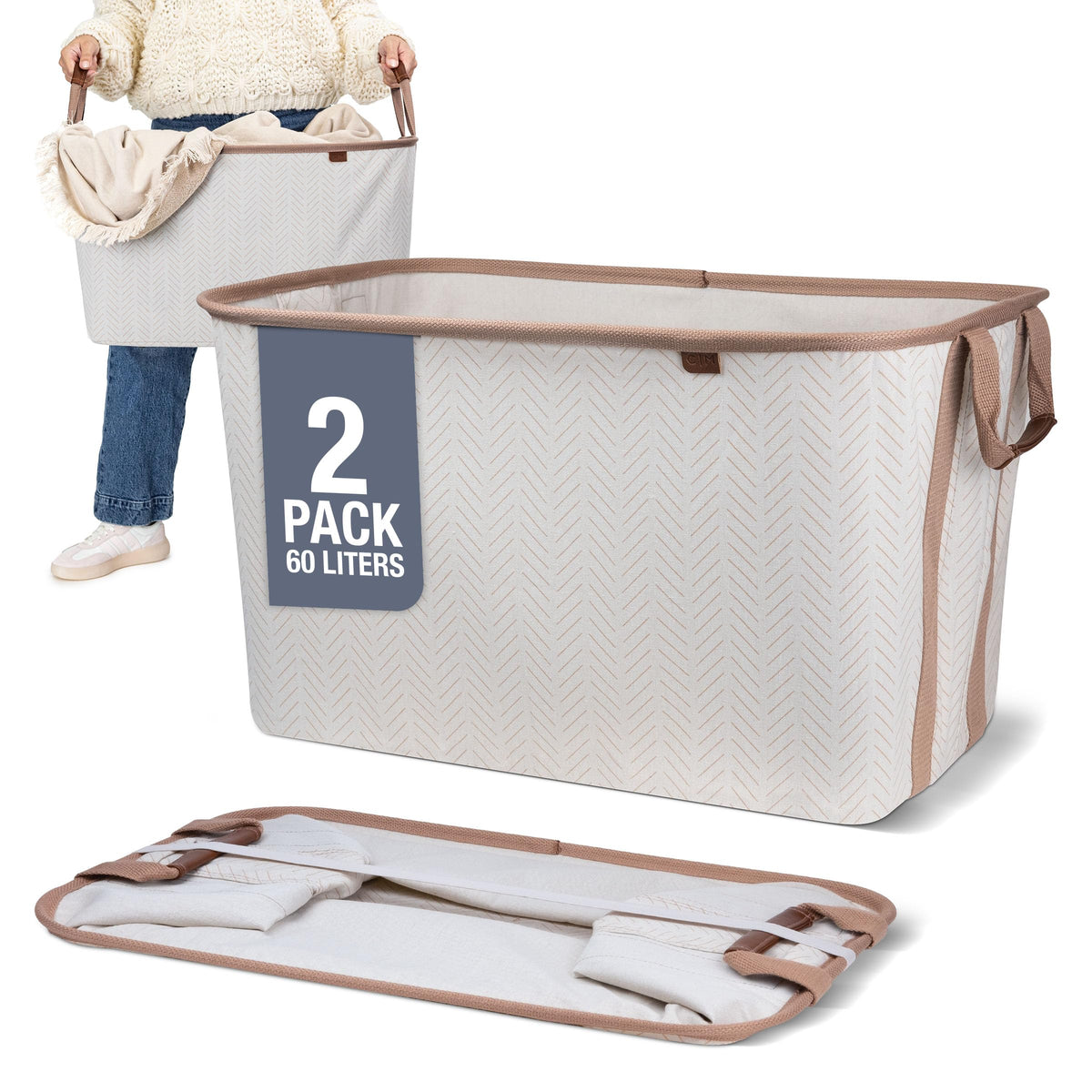 Collapsible Laundry Baskets, 60L 2 Pack LUXE, 55 lb, Cream