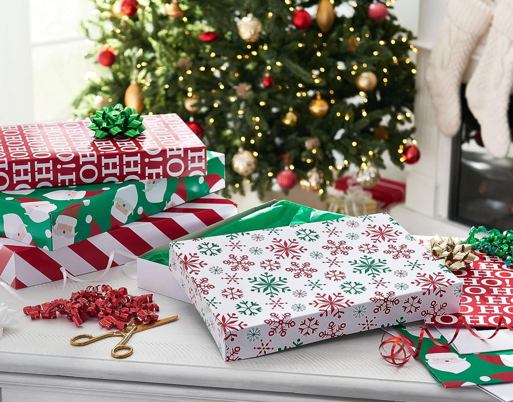 Christmas Gift Boxes with Lids for Presents, Festive Designs, Assorted Sizes (6 Medium Shirt and 4 Large Robe Boxes)