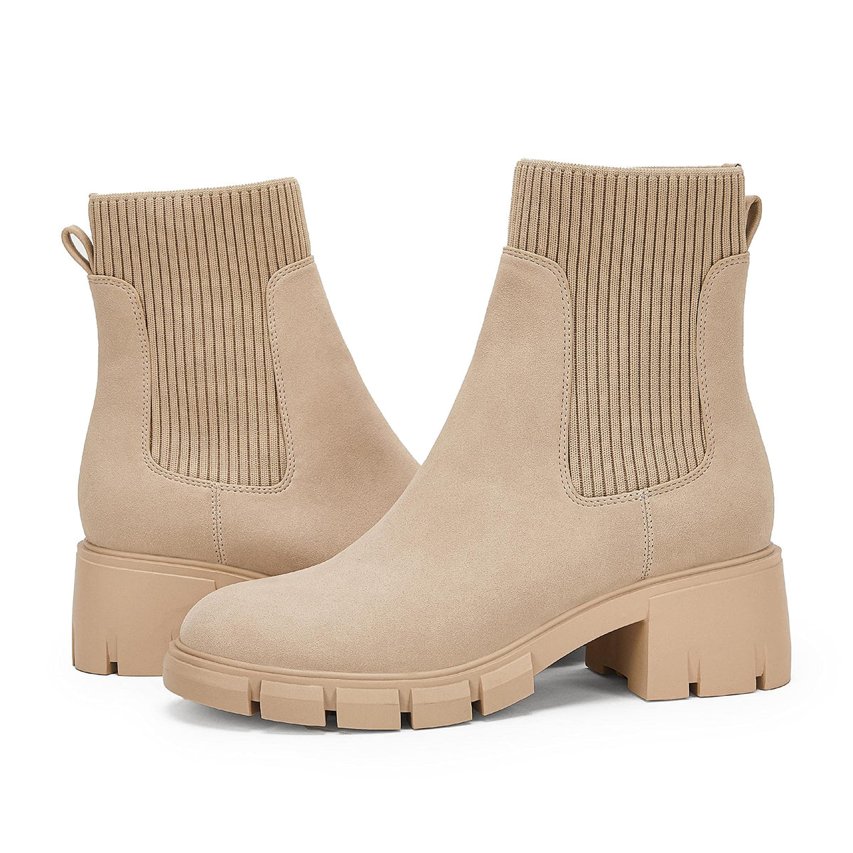 Womens Lug Sole Platform Ankle Boots Elastic Chunky Block Heel Non-Slip Combat Comfortable Chelsea Booties