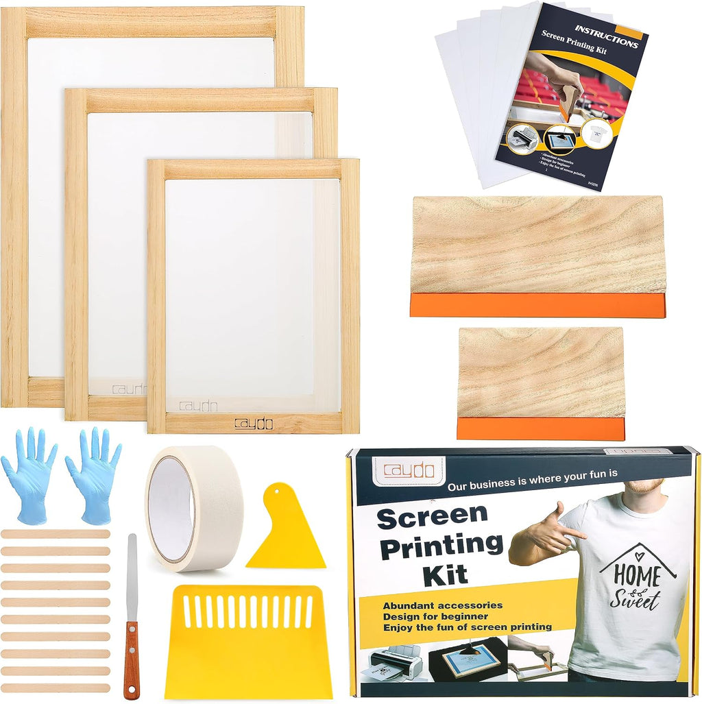 23 Pieces Screen Printing Starter Kit, 3 Wood Frames with Mesh | Includes squeegees, inkjet transparency film, ink