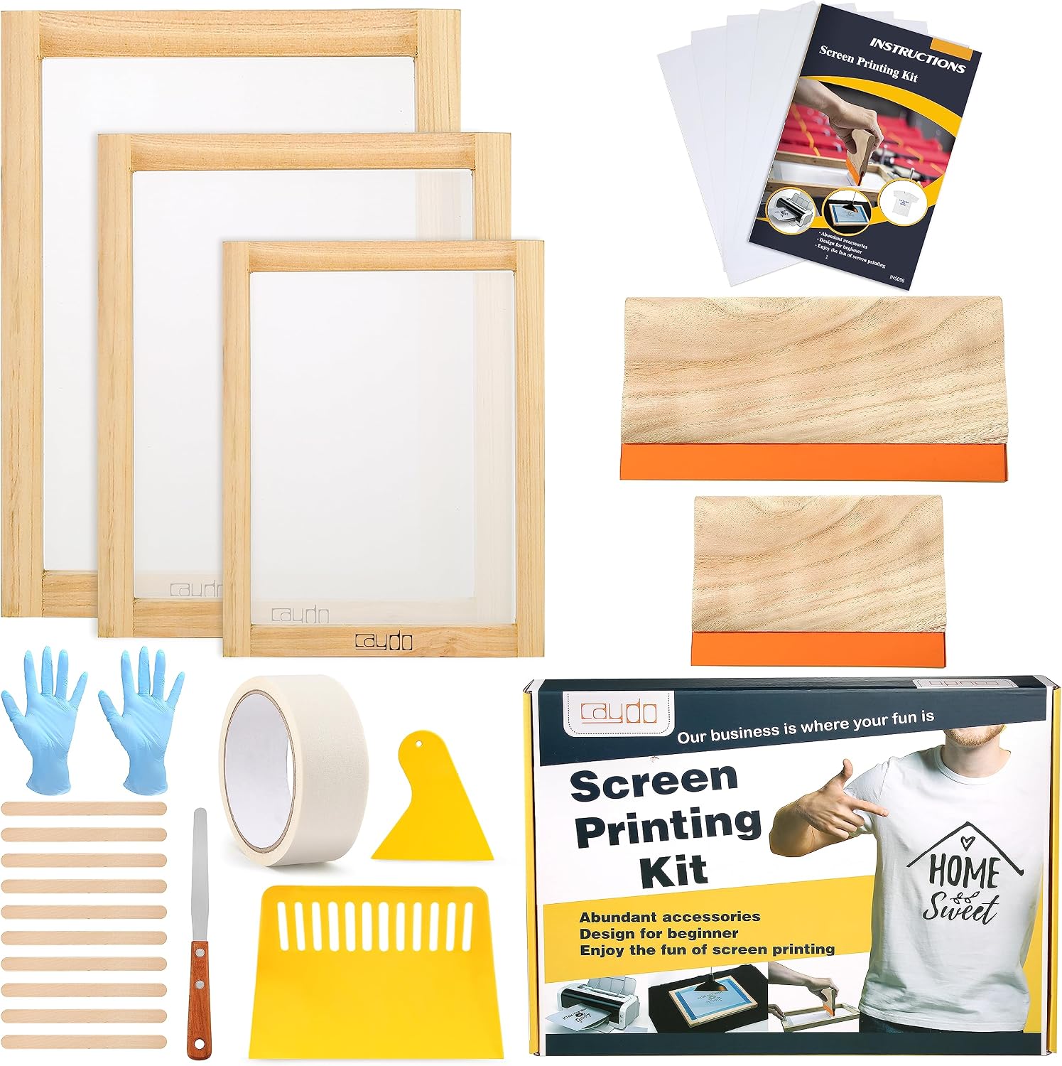 23 Pieces Screen Printing Starter Kit, 3 Wood Frames with Mesh | Includes squeegees, inkjet transparency film, ink