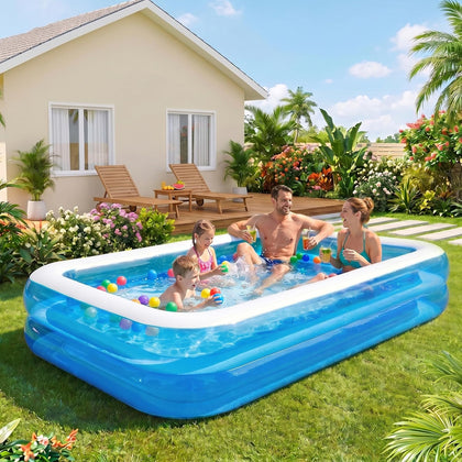 Full-Sized Inflatable Swimming Pool, Extra Large Blow Up Pool, Heavy Duty Above Ground Pool with Drain Valve