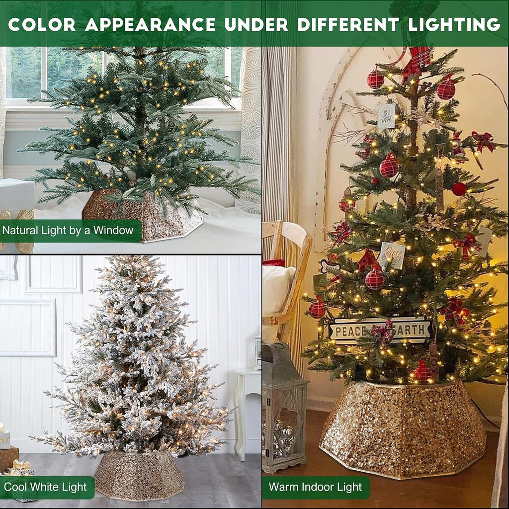 Sparkling Champagne Gold Christmas Tree Collar – Color Shifts with Light – 25.2″ Bottom / 14.9″ Top Foldable Base Cover