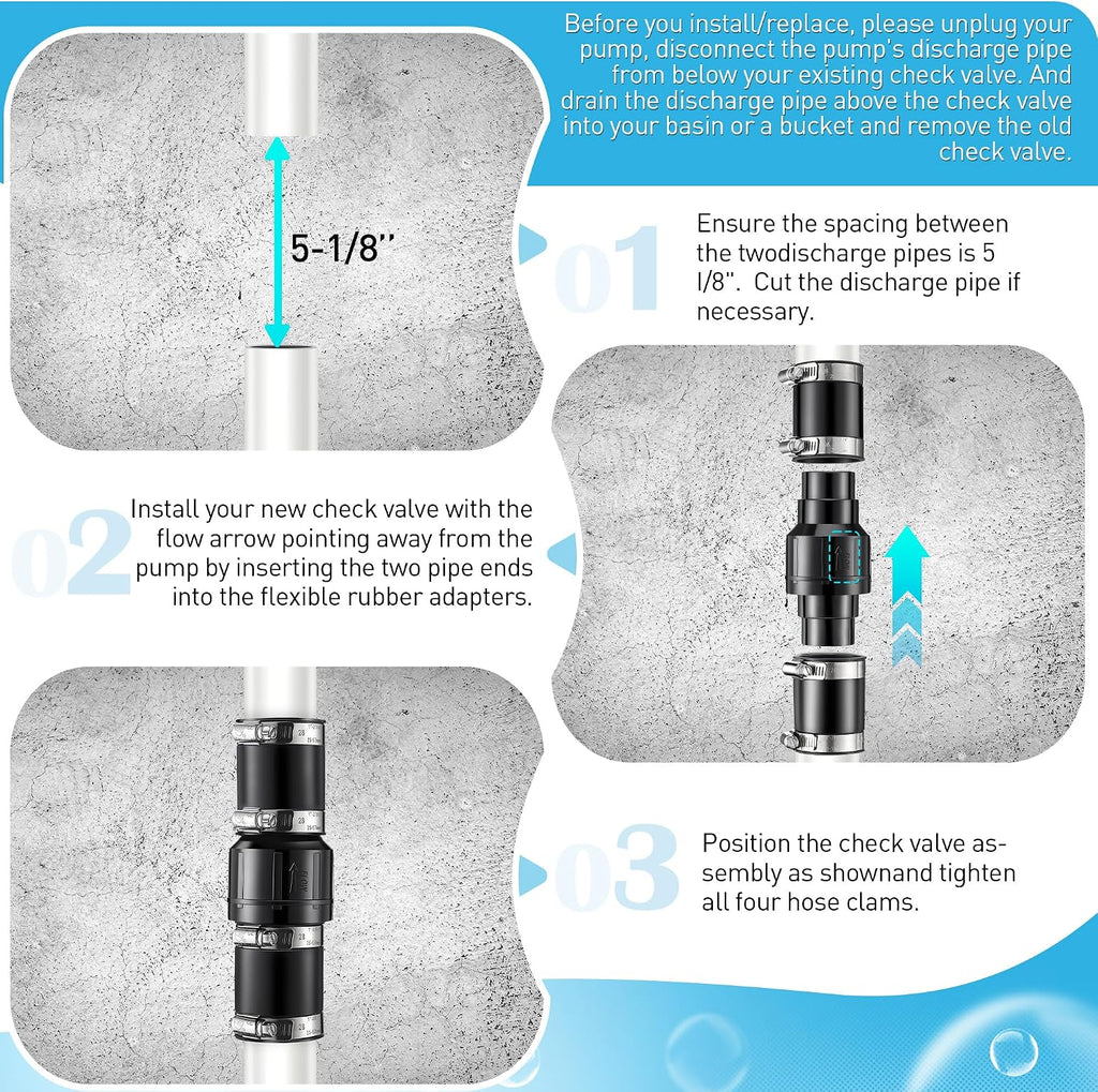 1 Pack Sump Pump Check Valve Fit 1-1/2 inch and 1-1/4 inch Pipe | Slip On Check Valve with 4 Pcs Stainless Steel Hose