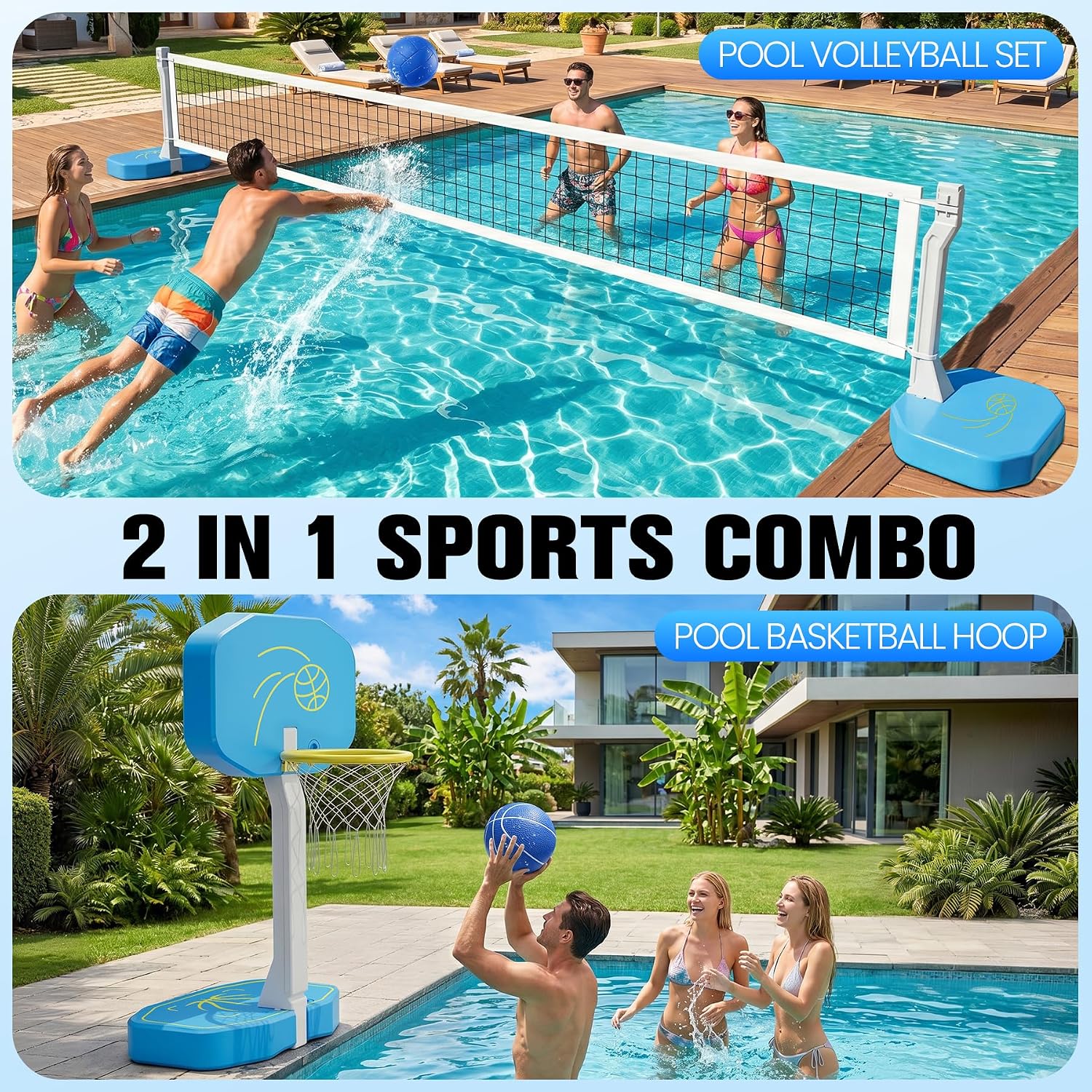 2-in-1 Pool Basketball Hoop & Pool Volleyball Net w/3 Balls | Poolside Basketball Hoop for Swimming Pool