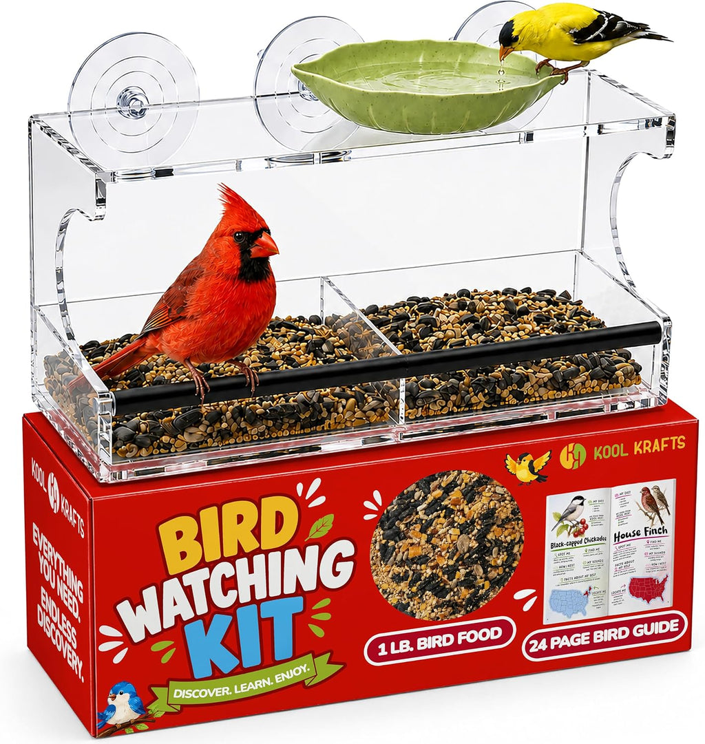 Window Bird Feeder Kit for Kids & Families – Includes 1 lb USA Made Bird Food, 24-Page Educational Bird Guide