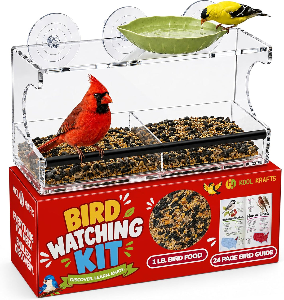 Window Bird Feeder Kit for Kids & Families – Includes 1 lb USA Made Bird Food, 24-Page Educational Bird Guide