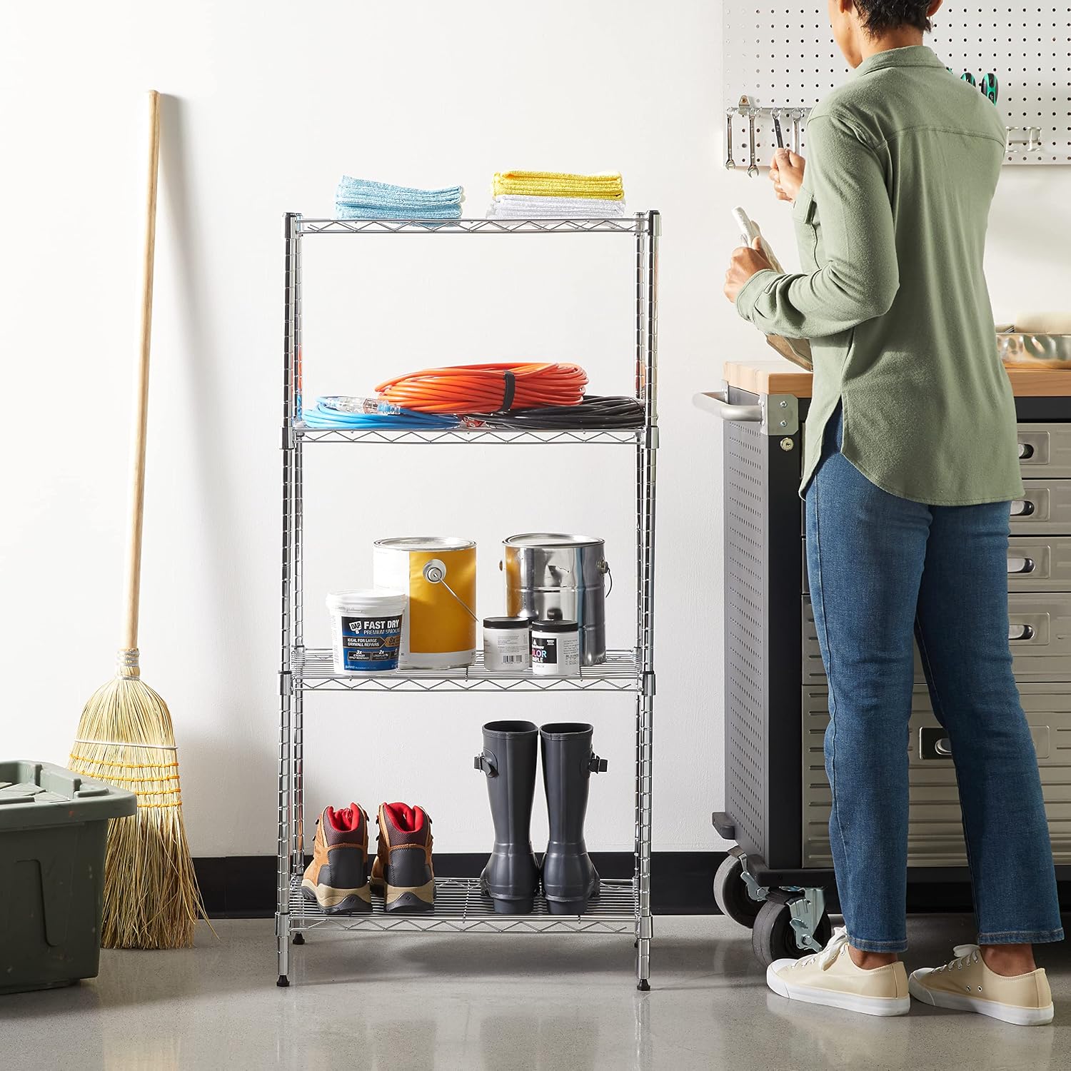 4-Shelf Adjustable Storage Shelving Unit for Garage, Steel Wire Rack, 200 Pound Loading Capacity per Shelf, 13.4"D x