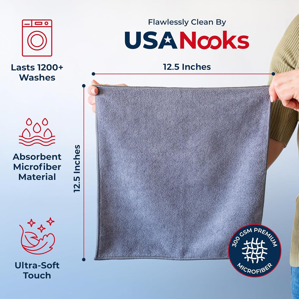 Microfiber Cleaning Cloth Grey - 12 Pcs (12.5"x12.5") - High Performance - 1200 Washes, Ultra Absorbent Microfiber