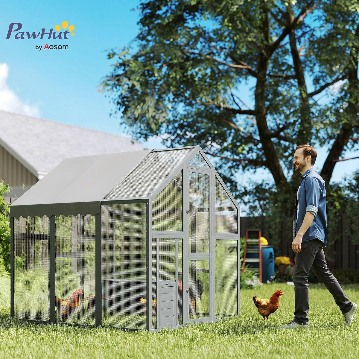 Large Wooden Chicken Coop for 6-8 Hens 66" x 72" x 72" Gray