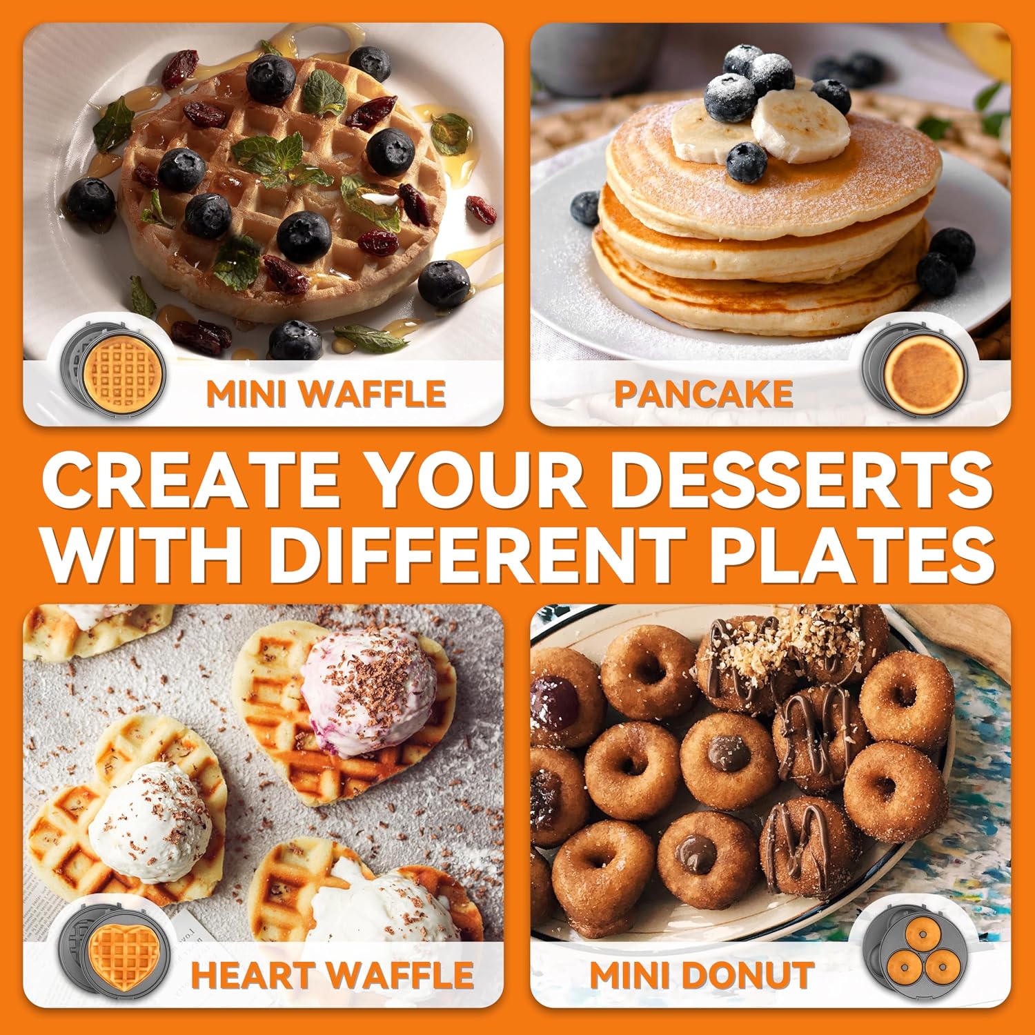 4 in 1 Mini Waffle Maker with Removable Plates, Set Includes Mini Pancake, Donut, Heart Shape Waffle Makers, Compact