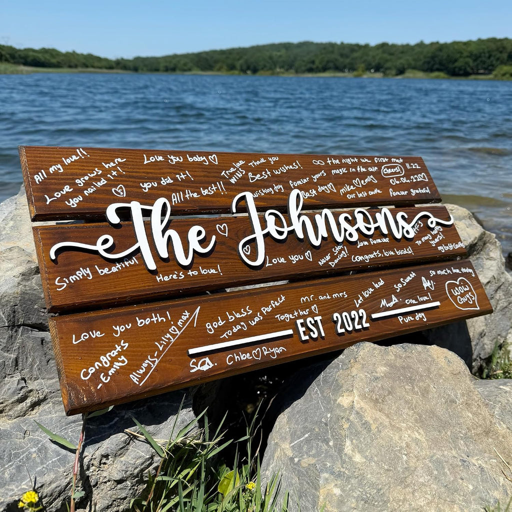 Personalized Wooden Wedding Guest Book Sign, Custom Family Name Sign with Est. Date, Rustic 3D Guestbook Alternative