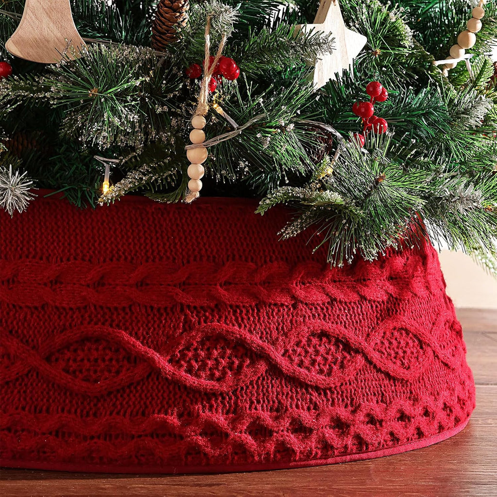 Knitted Christmas Tree Collar: Burgundy Cable Knit Styles Christmas Tree Collars for Artificial Trees, Crossed