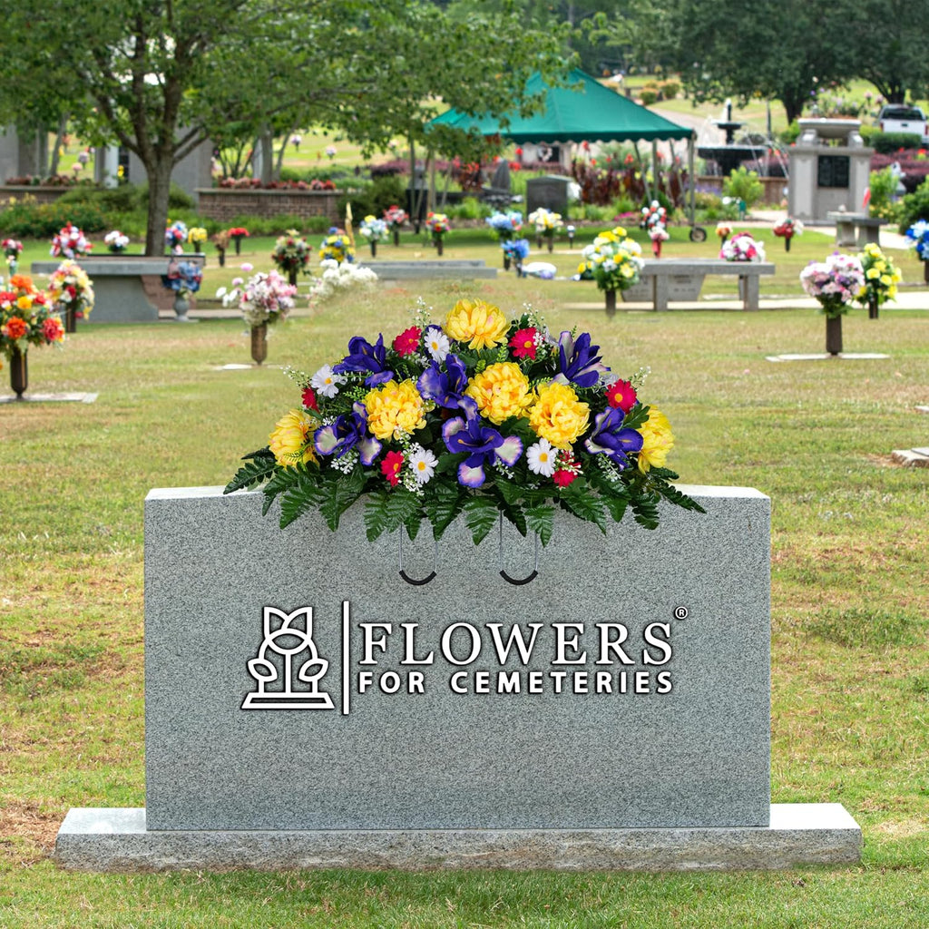 30" Spring Headstone Flowers Saddle - Purple Iris, Yellow Mum, Daisies - Grave Flowers - Mother's Day Spring Flowers