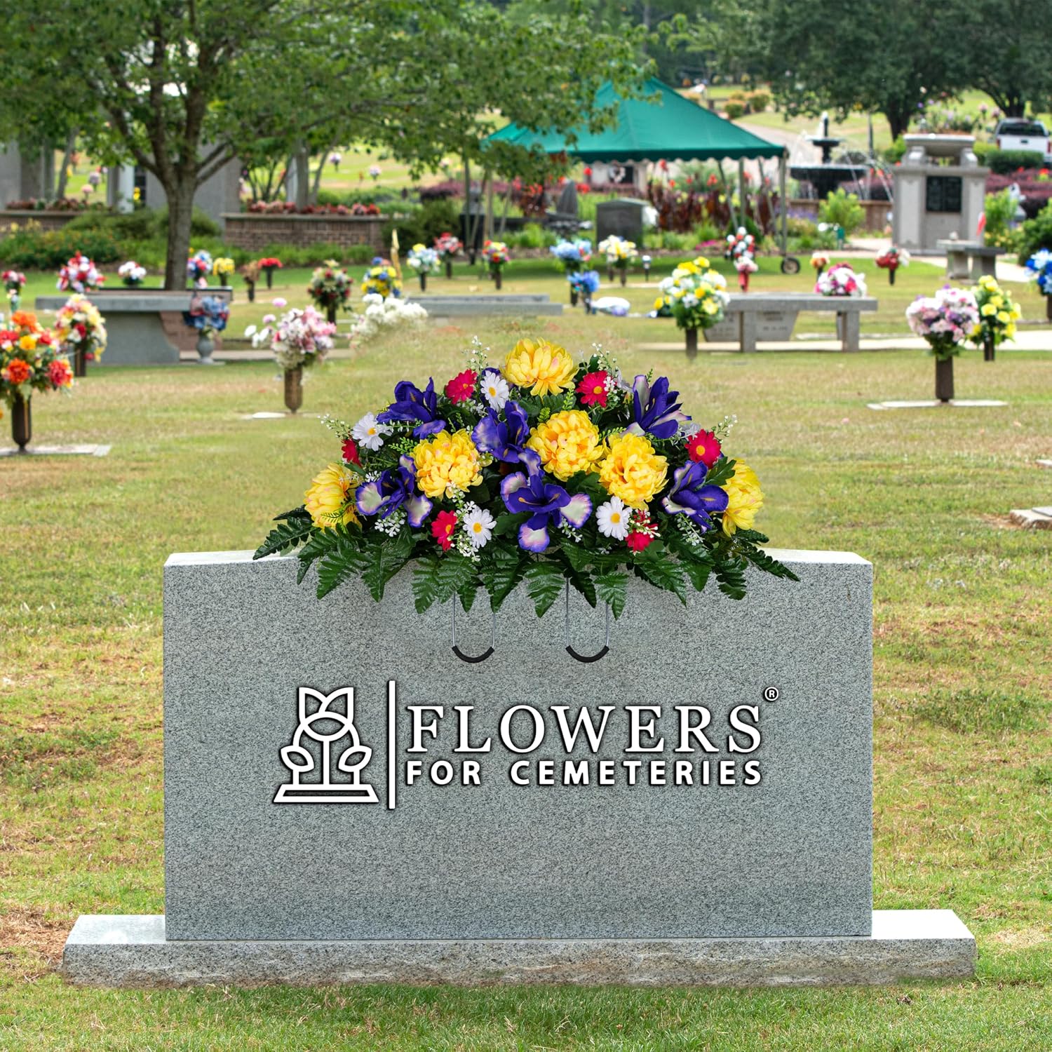 30" Spring Headstone Flowers Saddle - Purple Iris, Yellow Mum, Daisies - Grave Flowers - Mother's Day Spring Flowers