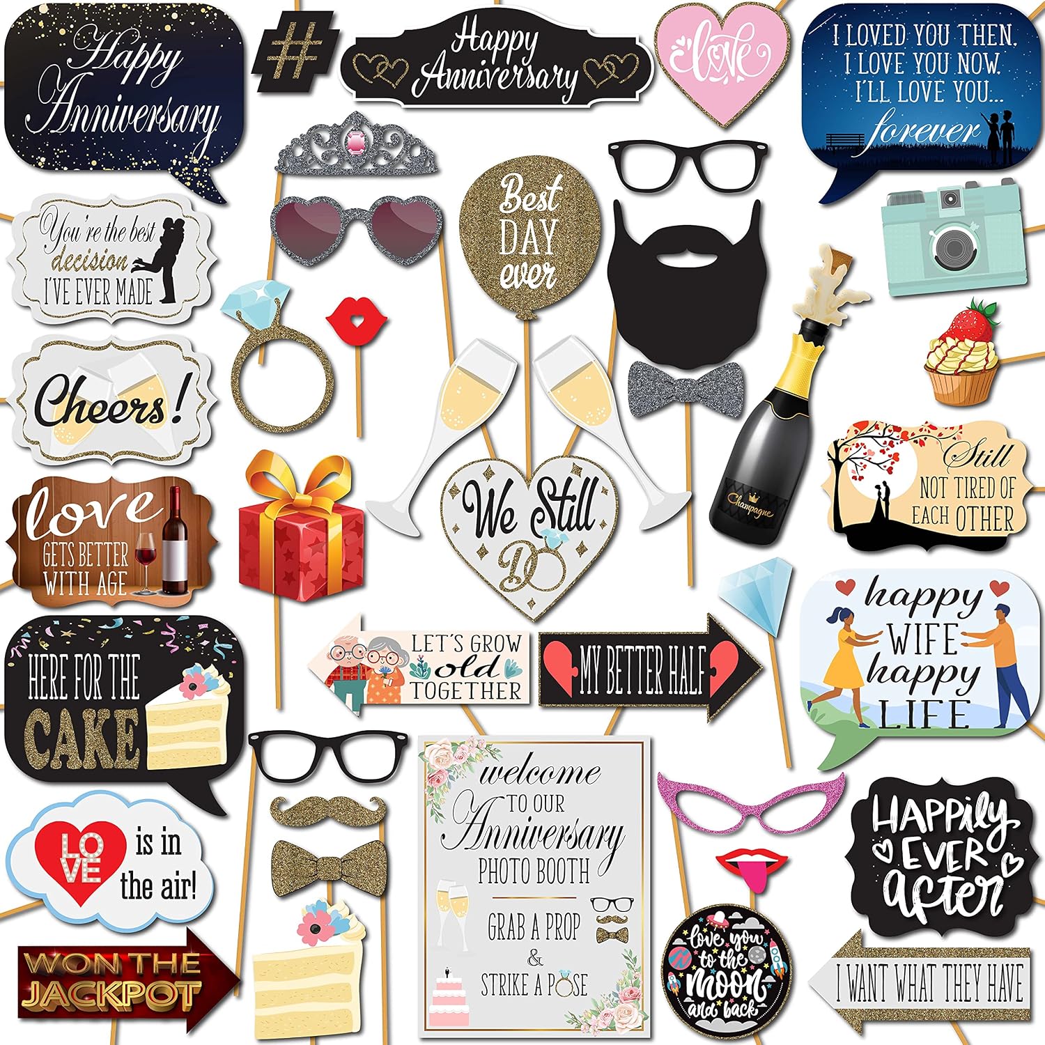 Anniversary Photo Booth Props - 41-pc Photobooth Kit with 8 x 10-Inch Sign, 60 Adhesive Pads, 45 Sticks - Wedding