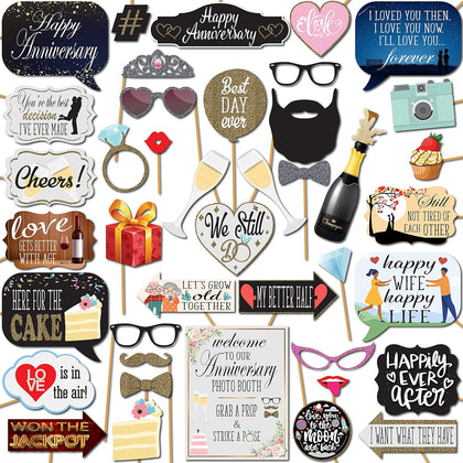 Anniversary Photo Booth Props - 41-pc Photobooth Kit with 8 x 10-Inch Sign, 60 Adhesive Pads, 45 Sticks - Wedding