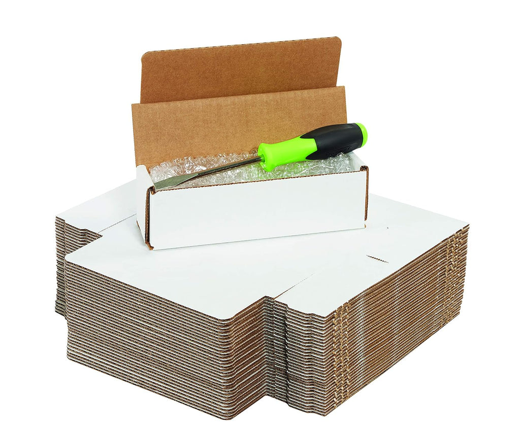 BFM832 Corrugated Cardboard Mailers, 8 x 3 x 2 Inches, Tuck Top One-Piece, Die-Cut Shipping Cartons, Medium White