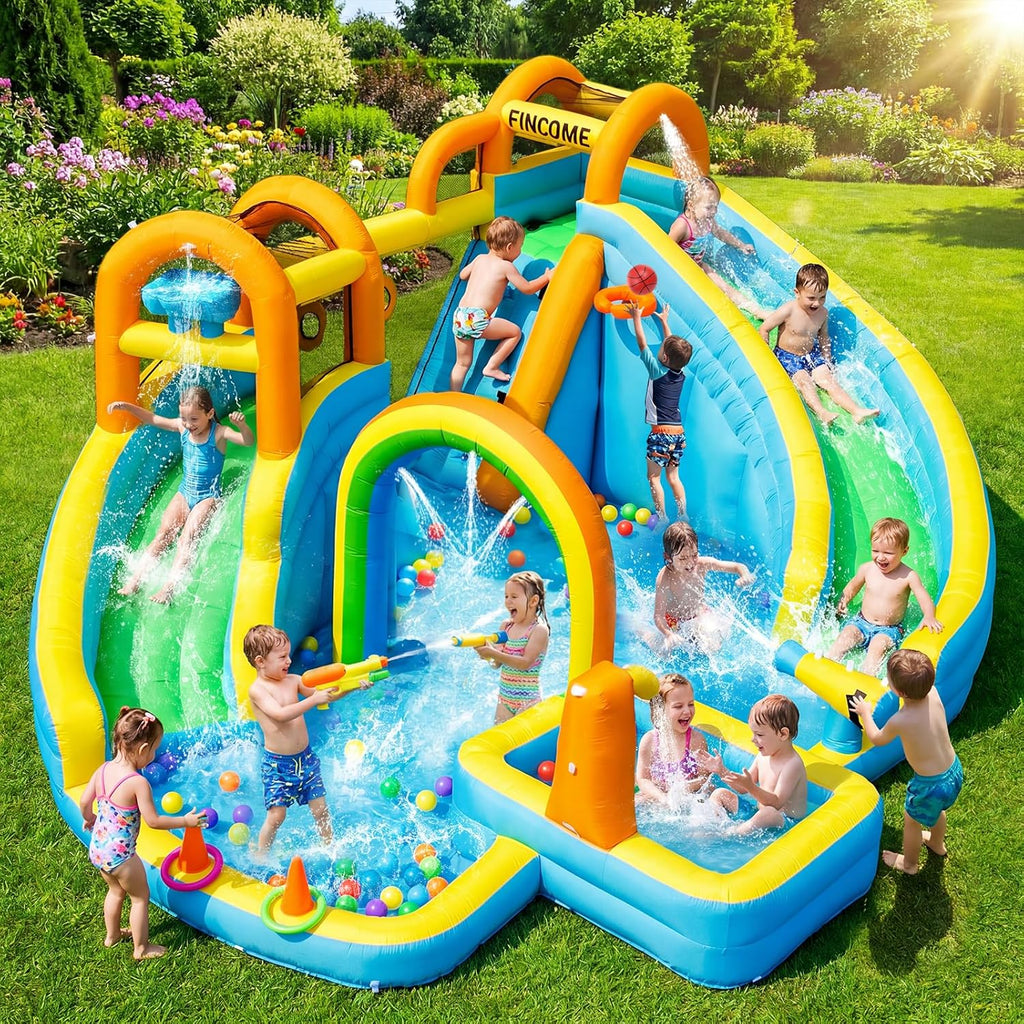 Inflatable Water Slide, Bounce House with 2 Slide for Kids, Inflatable Waterslide Park with Splash Pool, Basketball