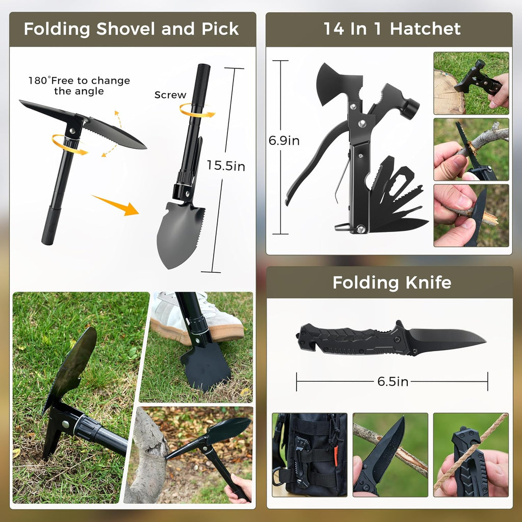 Survival Kit, 246Pcs Emergency Survival Gear with First Aid Kit, Tactical Bag, Camping Axe, Folding Shovel & Solo