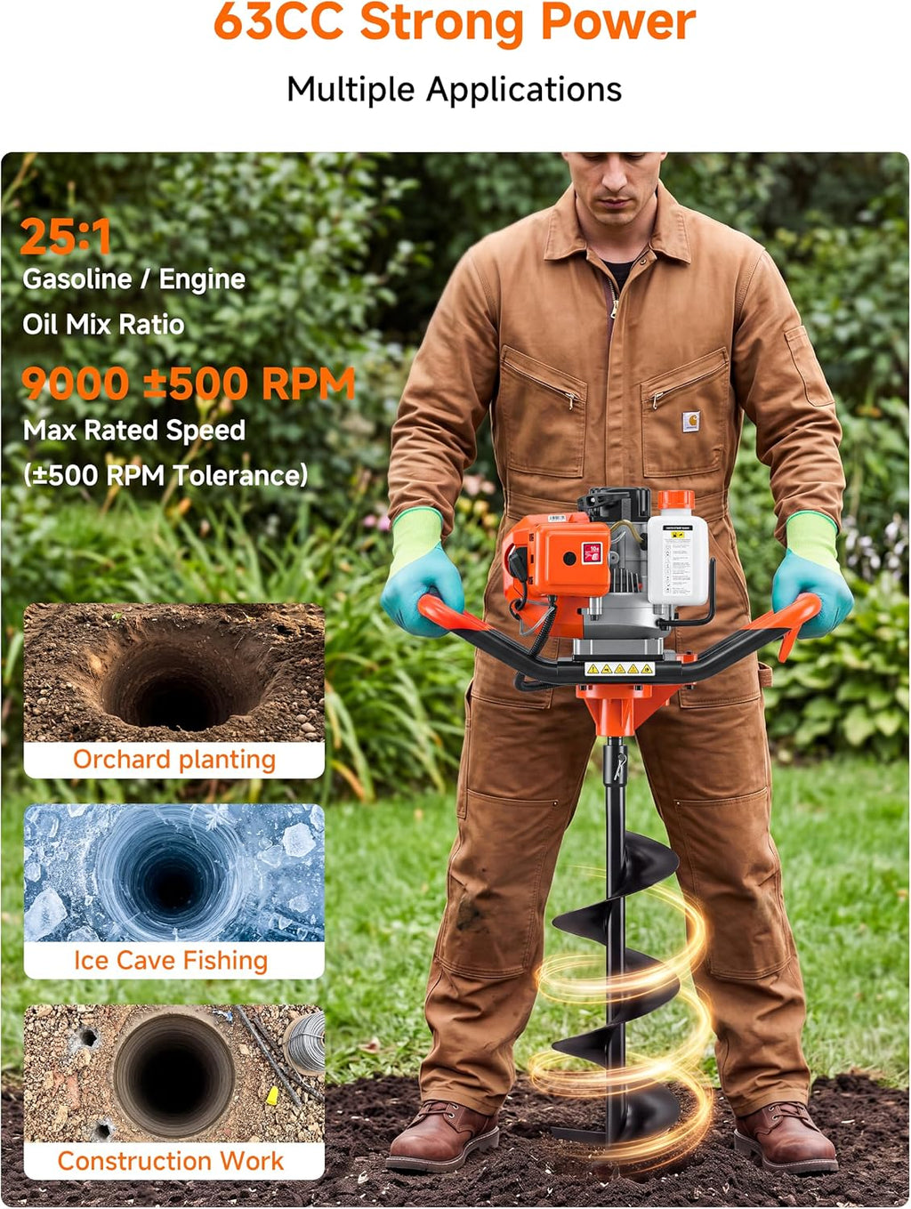 63CC 2-Stroke Gas Powered Auger Post Hole Digger with 6"/8" Auger Bits & Ext | Upgraded Earth Post Hole Digger, Power