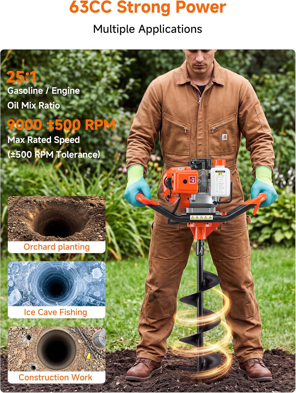 63CC 2-Stroke Gas Powered Auger Post Hole Digger with 6"/8" Auger Bits & Ext | Upgraded Earth Post Hole Digger, Power
