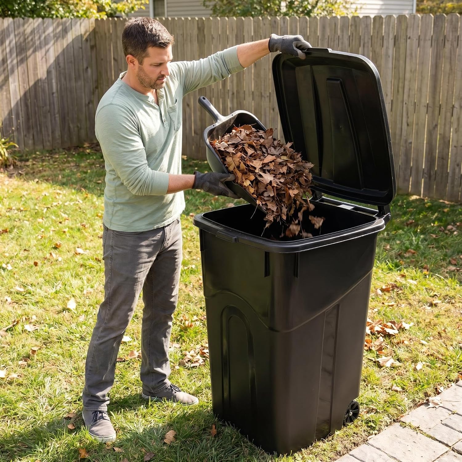45 Gallon Wheeled Heavy Duty Plastic Garbage Can with Attached Lid, Durable Outdoor Trash Can with Wheels, Large