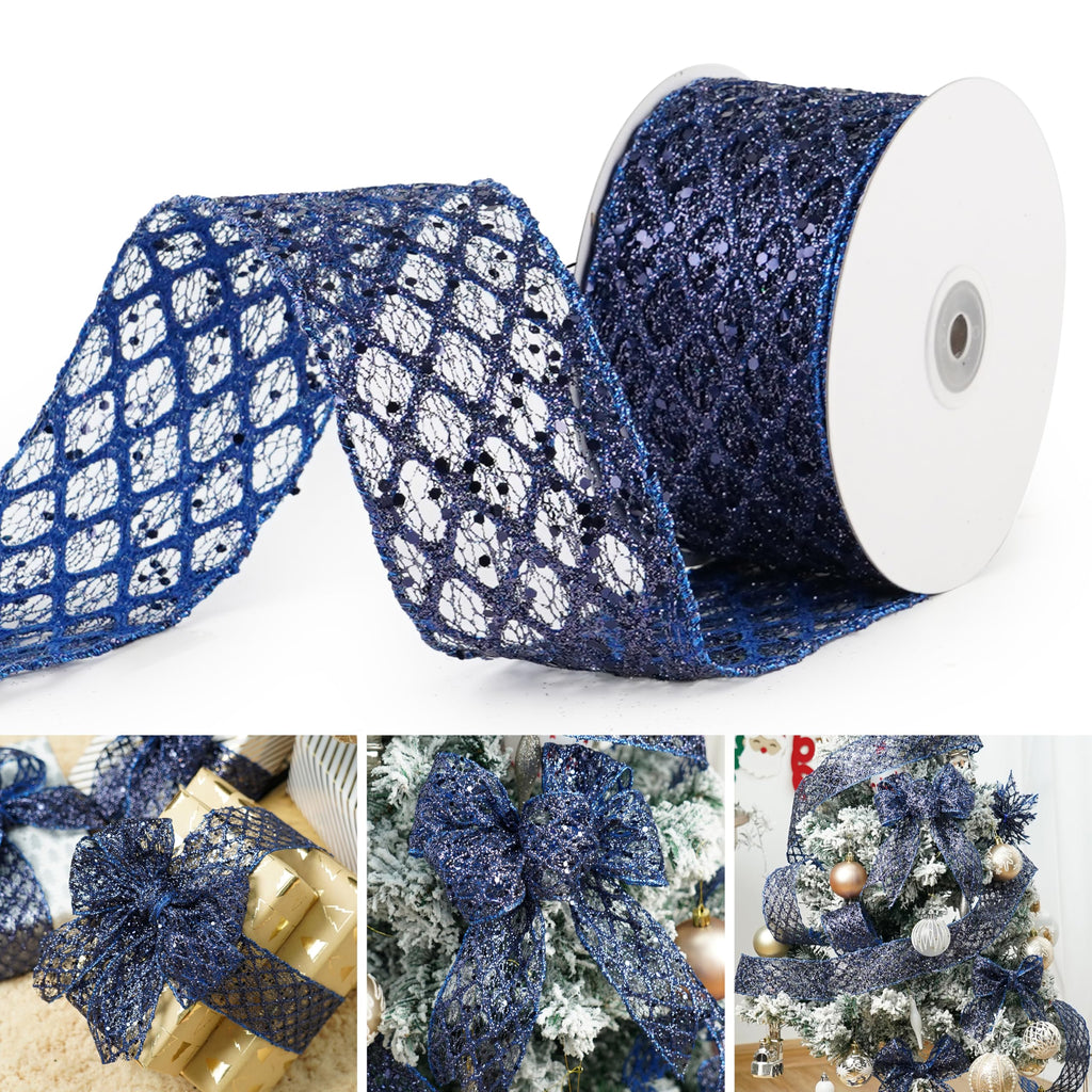 Navy Blue Mesh Wired Ribbon 2.5 Inch 10 Yards