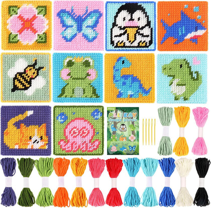 10-in-1 Cross Stitch Beginner Kit for Kids, Embroidery Kit | with Instructions, 10pcs Plastic Mesh Canvas with