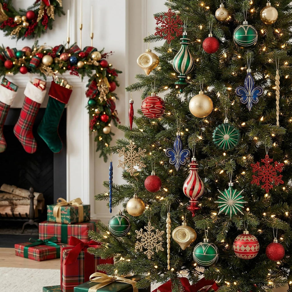 Ornaments for Christmas Trees, 60ct Red Green Blue and Gold Shatterproof Christmas Tree Decorations, Luxury Hanging