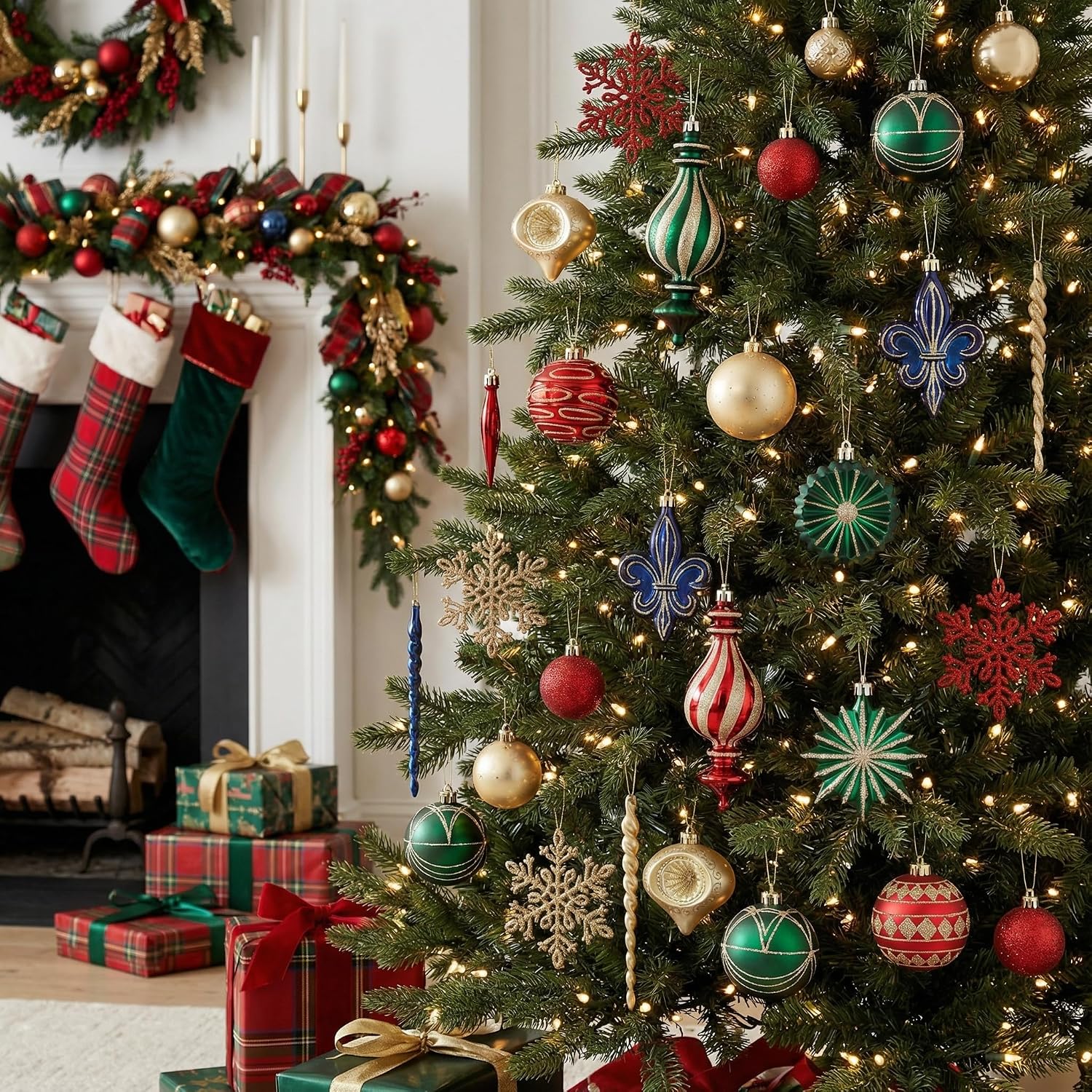 Ornaments for Christmas Trees, 60ct Red Green Blue and Gold Shatterproof Christmas Tree Decorations, Luxury Hanging