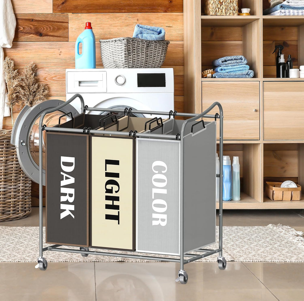 Heavy Duty 3-Bag Laundry Sorter Rolling Cart, Assorted | Removable Bags and Lockable Wheels for Laundry Room