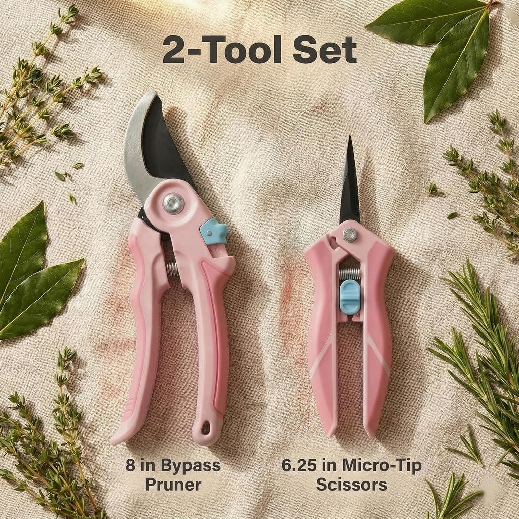 Pruning Shears 2-Pack — 8" Bypass Hand Pruner & 6.25" Precision Snips, SK5 Steel Blades with Non-Stick Coating