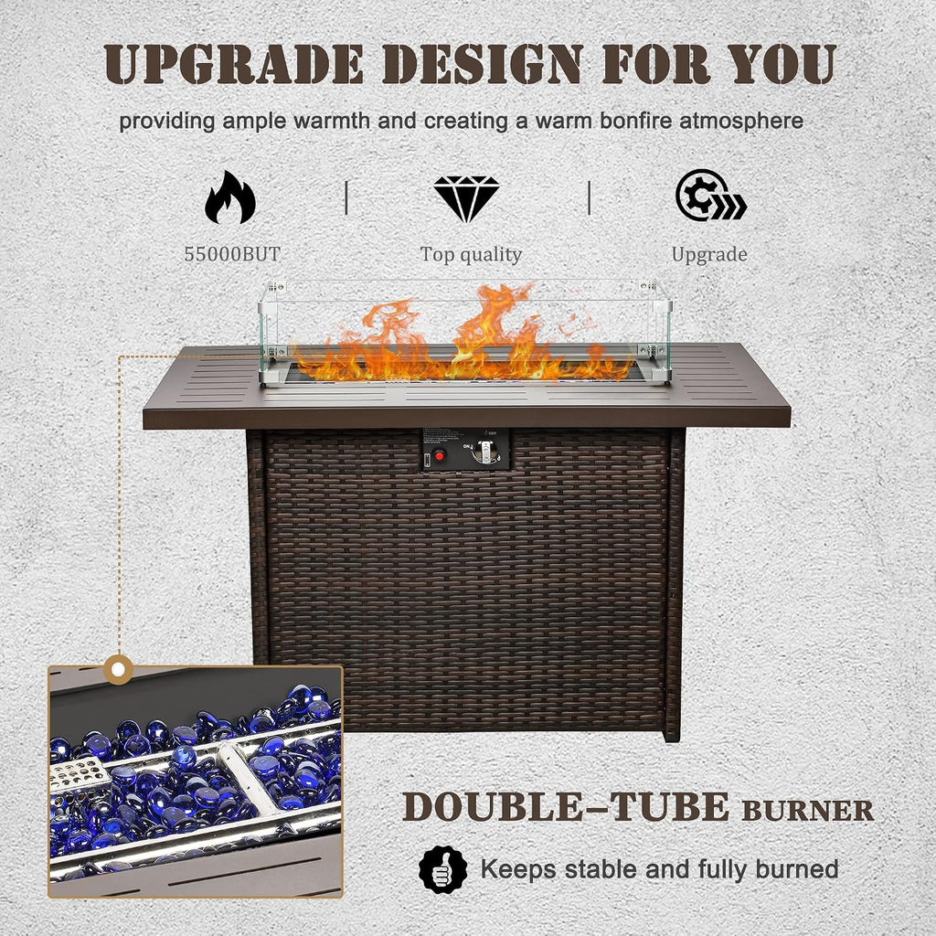 Propane Fire Pit Table,44 Inch 55000 BTU Outdoor Gas Fire Pit Rectangular with Glass Wind Guard for Outside Patio