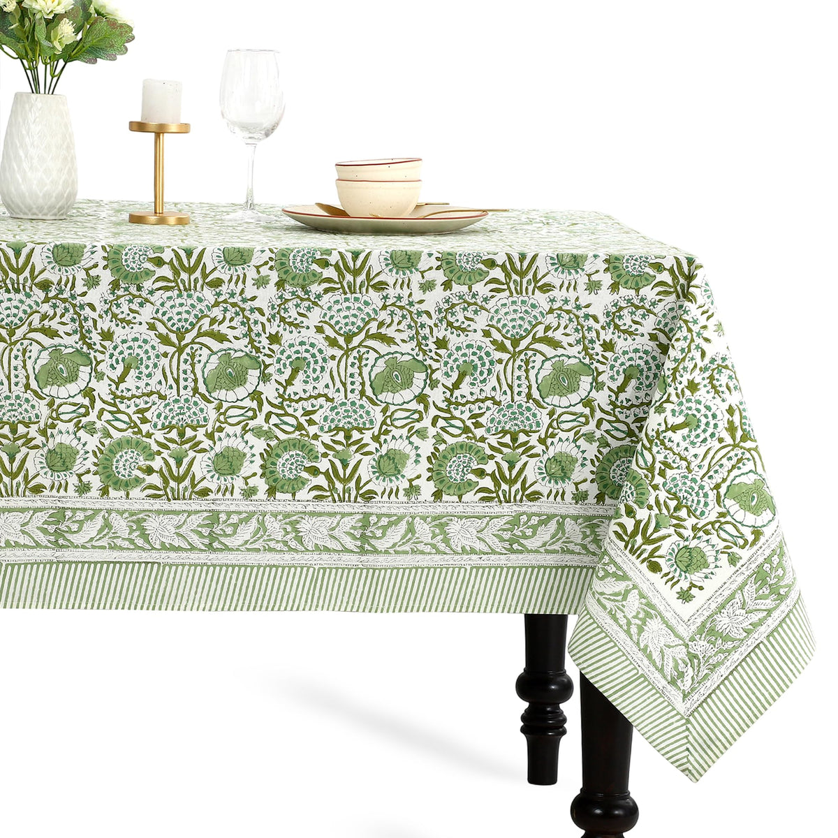 CPC Agate Green Block Print 100% Cotton Square Tablecloth 60x60 Inch