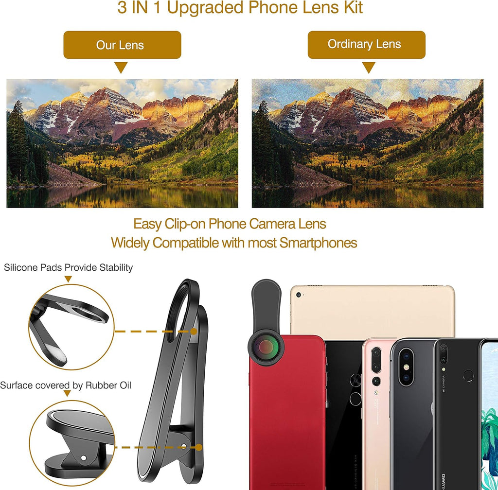 Phone Camera Lens,Upgraded 3 in 1 Phone Lens kit-198° Fisheye Lens + Macro Lens + 120° Wide Angle Lens,Clip on Cell