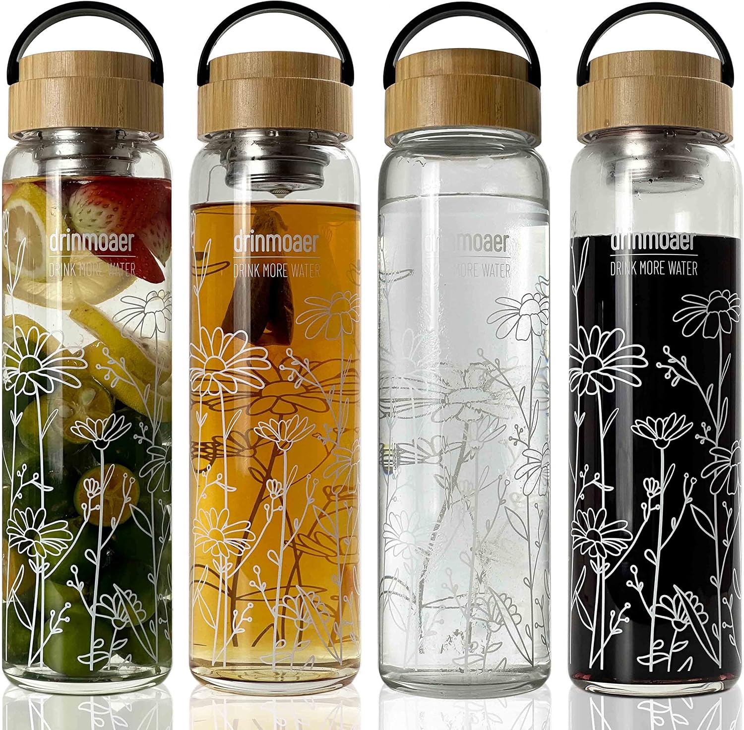 32oz Glass Water Bottle with Bamboo Lid and Neoprene Sleeve | Wide Opening Fruit Infuser Water Bottle (Flower)