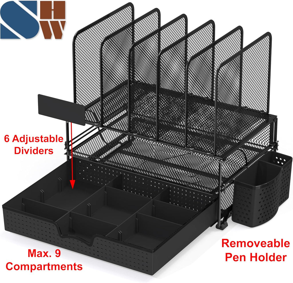 Mesh Desk Organizer with Sliding Drawer, Double Tray and 5 Upright Sections, Black