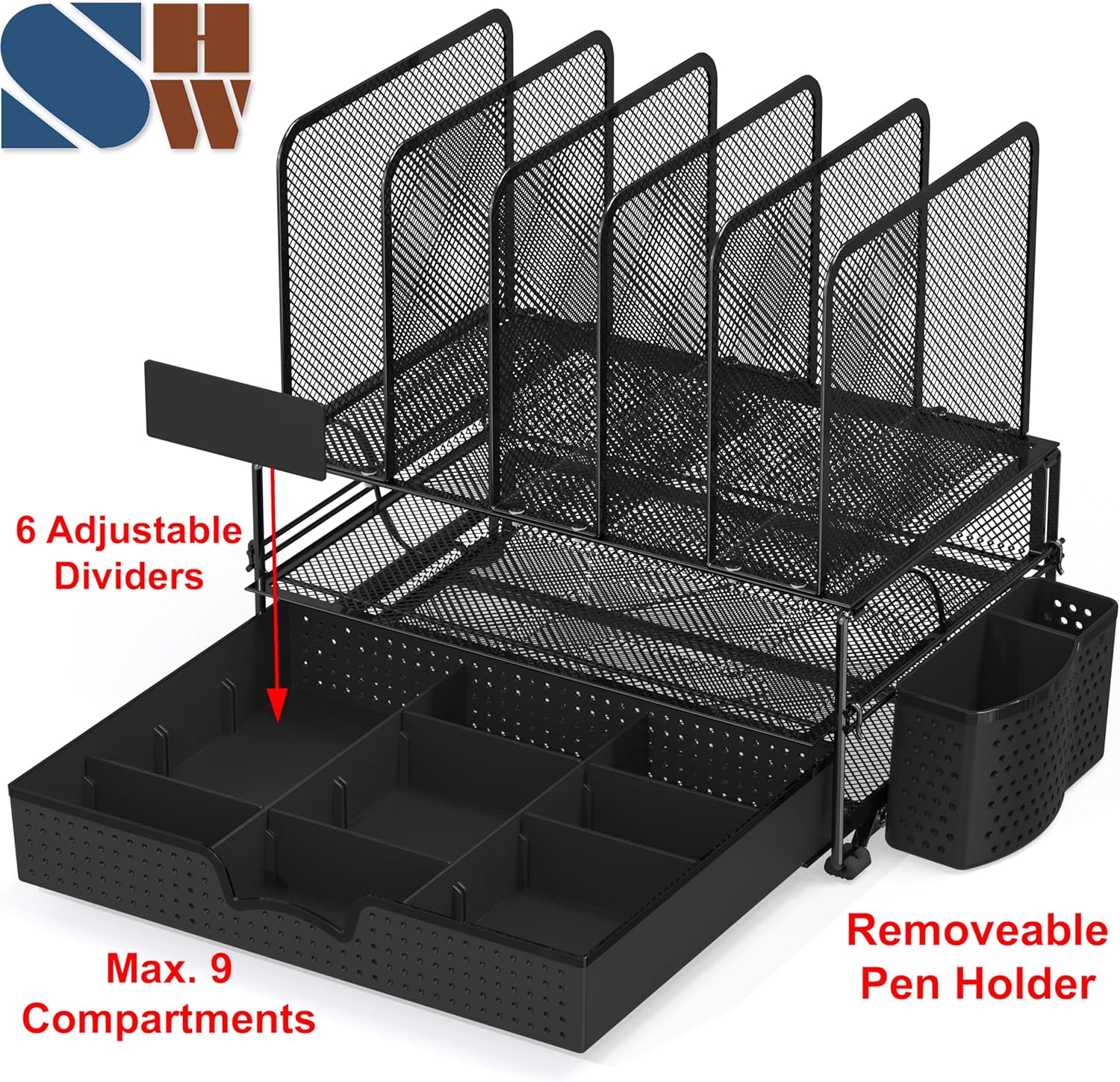 Mesh Desk Organizer with Sliding Drawer, Double Tray and 5 Upright Sections, Black