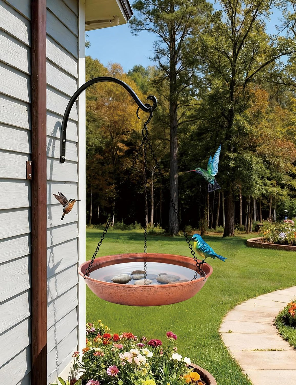Hanging Bird Bath & Feeder Outdoor, 11" Antique Copper Metal Birdbath Bowl