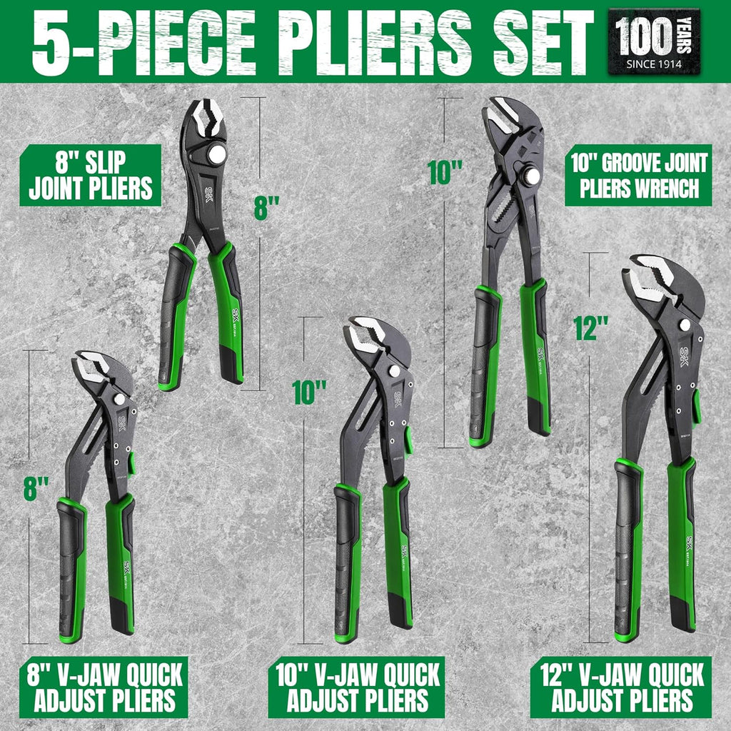 5-Piece Pliers Set, 8" Adjustable Joint, 8", 10" and 12" Quick Adjust V-Jaw Groove Joint, 10" Pliers Wrench, Premium